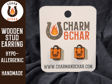 Trick or Treat Bag Wood Stud Earrings - Halloween Fashion Earring - Stud Earring - Charm and Char
